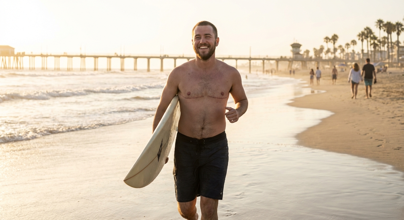 FTM top surgery recovery showing masculine chest in Huntington Beach CA