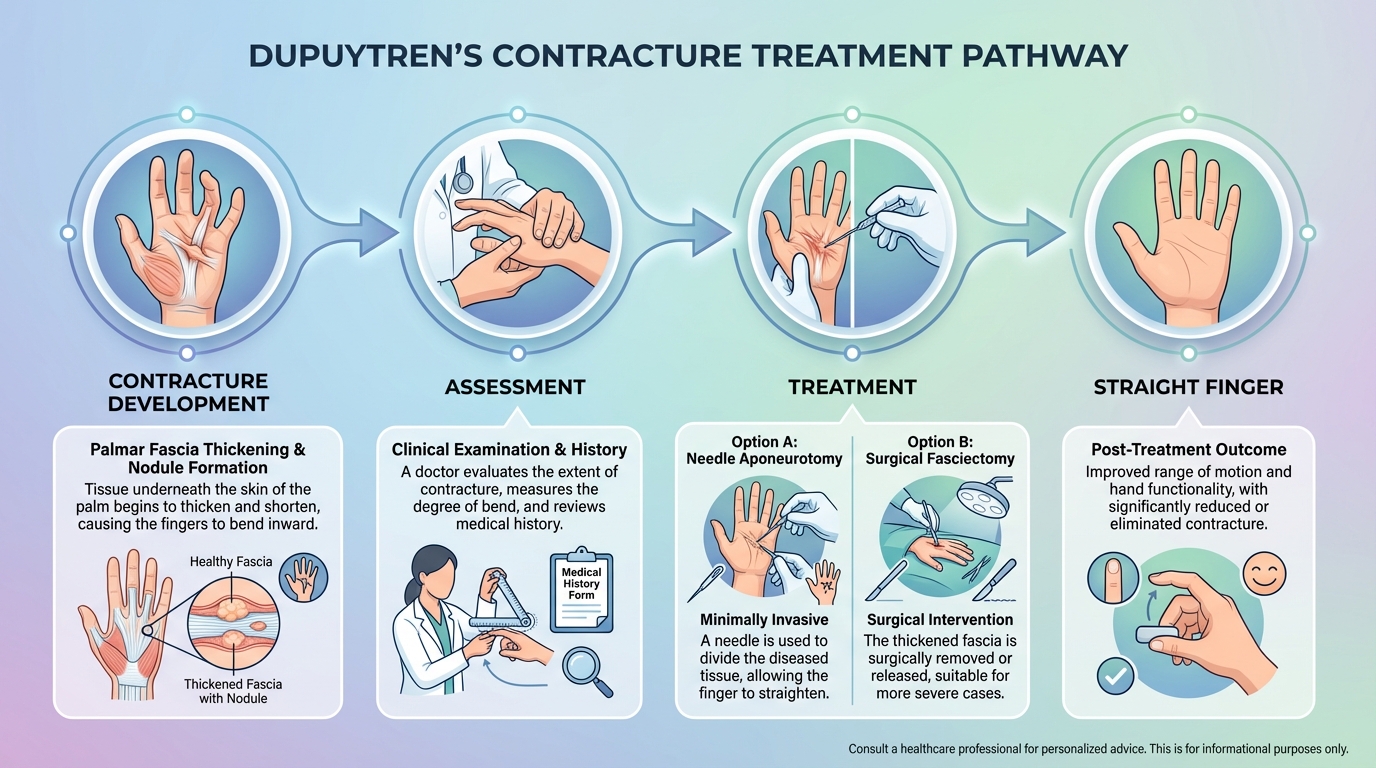 Dupuytren's contracture showing thickened palm cord pulling finger into bent position