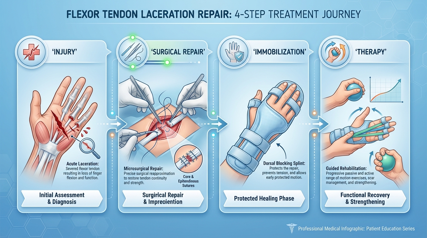 Flexor tendon laceration showing severed tendon preventing finger bending