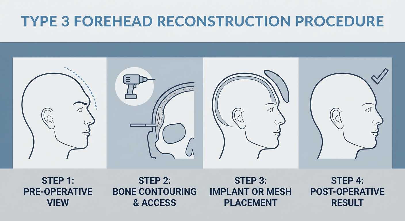 Forehead contouring surgery showing brow bone reduction technique