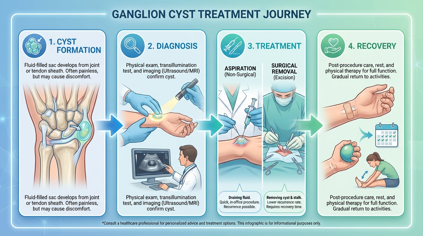 Ganglion cyst on wrist showing fluid-filled sac near joint or tendon