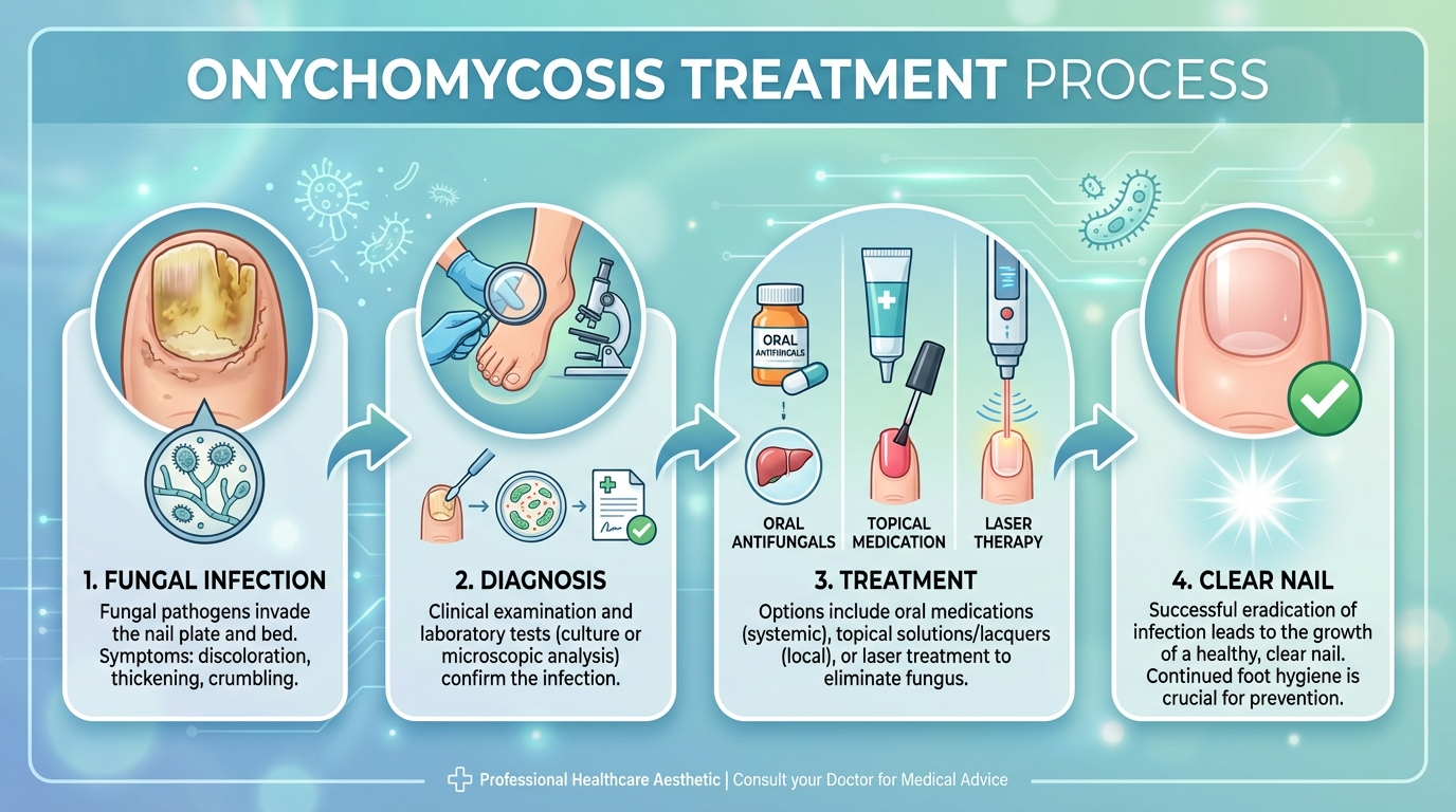 Onychomycosis nail fungus showing discolored thickened toenail infection