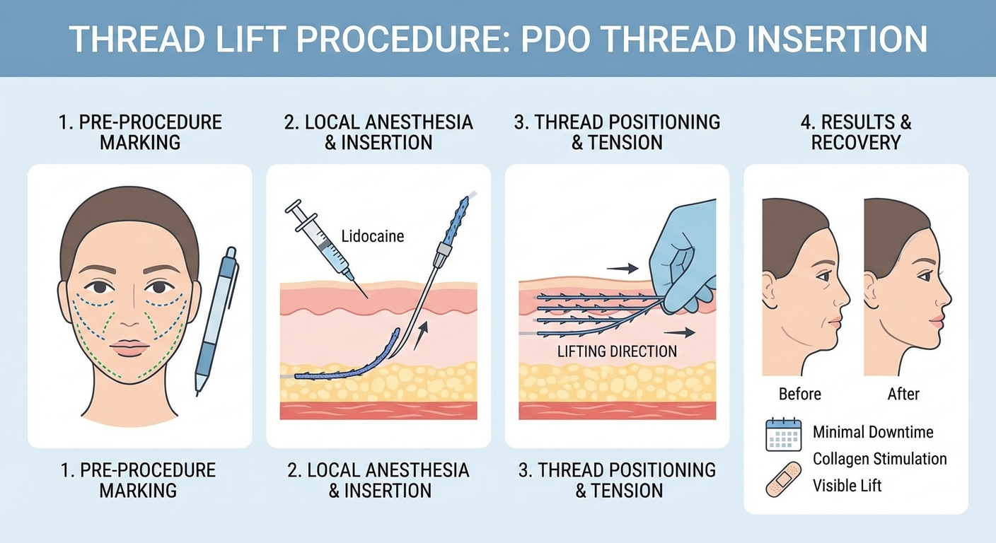 Thread lift procedure showing dissolvable threads lifting facial tissues