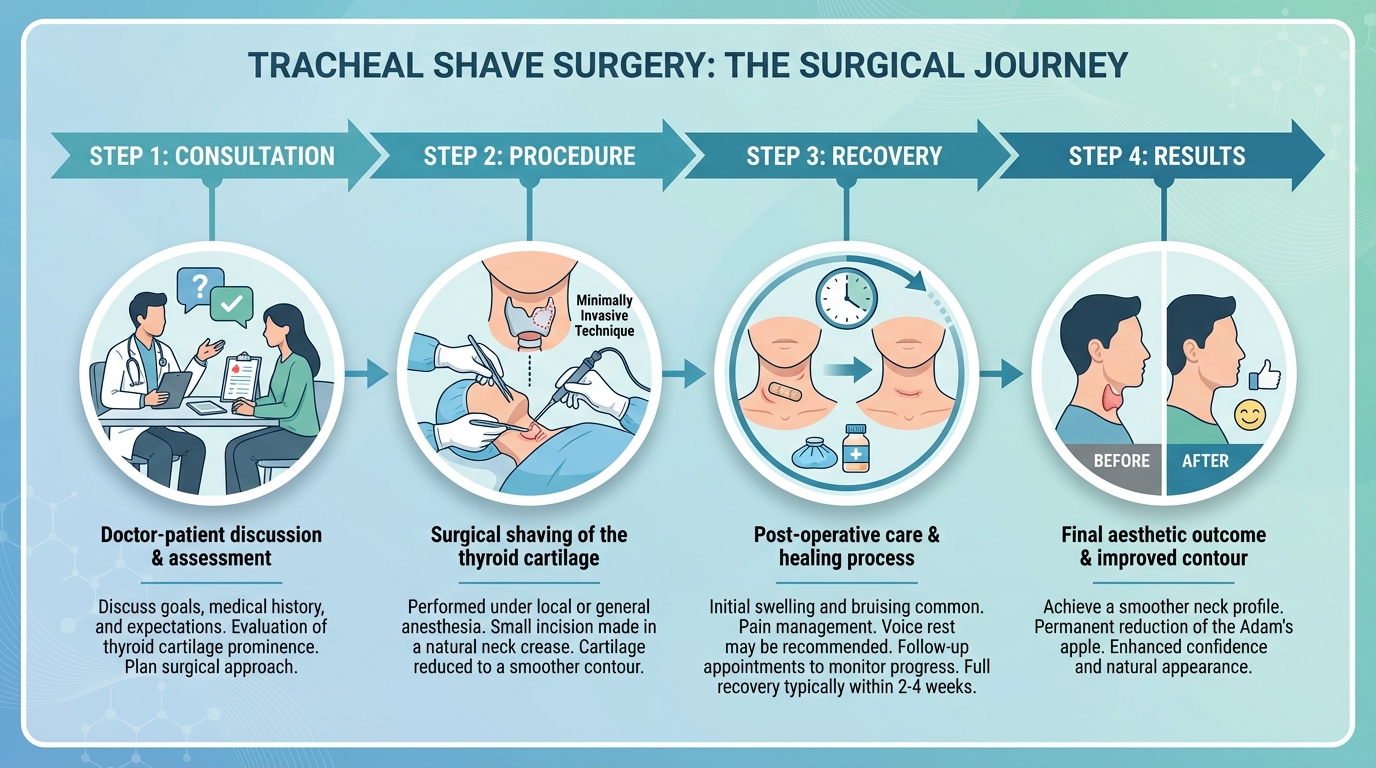 Tracheal shave surgery anatomy diagram showing Adam's apple reduction before and after