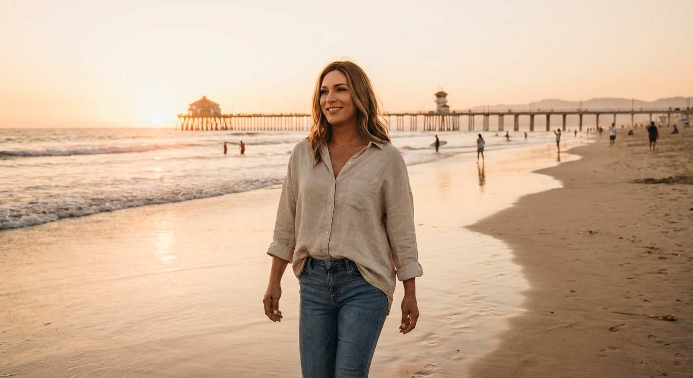 MTF vaginoplasty recovery showing confident transgender woman in Huntington Beach CA