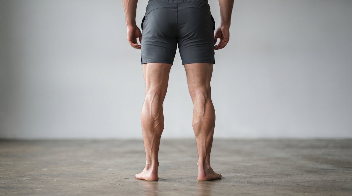 Back view of an athletic man's lower legs with defined calf muscles