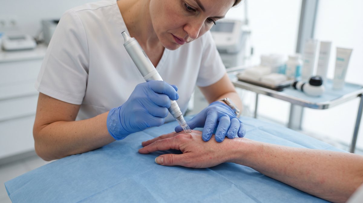 A clinician performing microneedling on the back of a patient's hand before PRP application