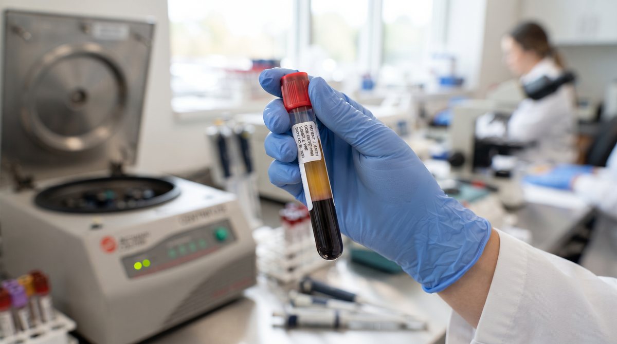A tube of centrifuged blood showing the platelet-rich plasma layer used for PRP treatment