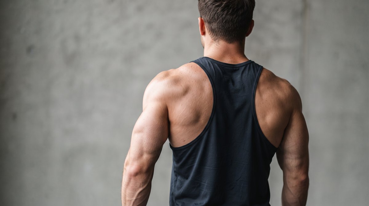 Back view of a muscular male upper arm showing defined triceps