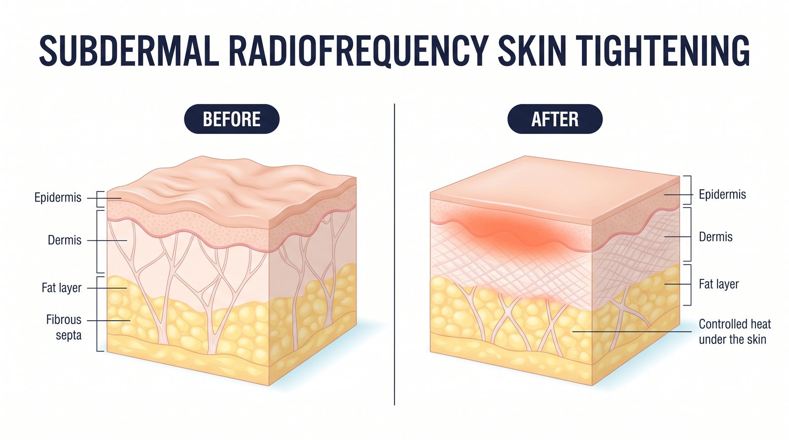 Illustration of subdermal radiofrequency skin tightening: a skin cross-section before treatment with loose skin and slack fibrous septa, and after with smoother skin, contracted septa and a zone of controlled heat beneath the skin